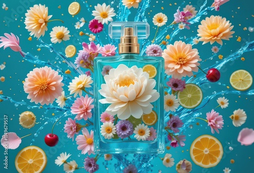 Vibrant floral perfume bottle surrounded by fresh fruits and flowers.