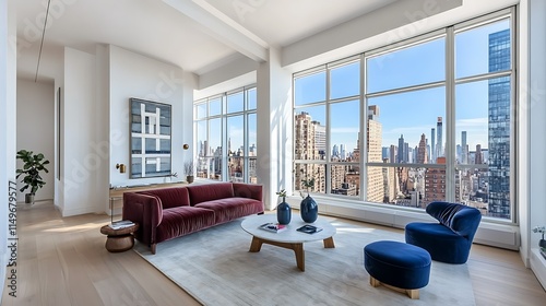 Modern living room with city view, plush velvet sofa, and large windows. photo