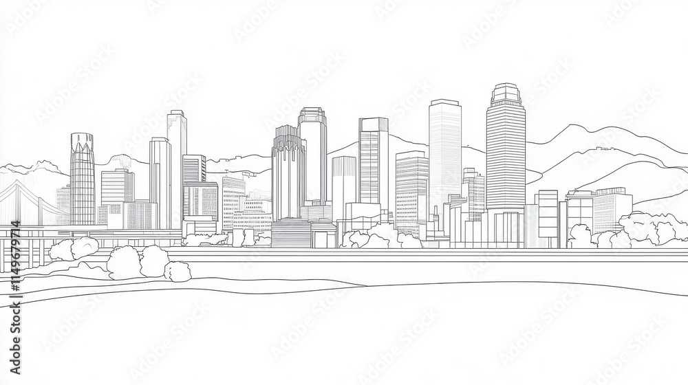 Obraz premium A sleek, minimalist line drawing of a modern city skyline showcasing tall skyscrapers and rolling mountains.