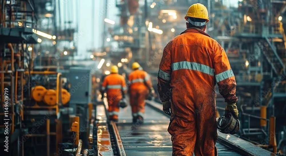 A group of workers in an oil and gas facility wearing orange overalls, yellow hard hats, and white safety boots are walking on the floor with equipment around them. A group of workers in an oil and gas facility wearing orange overalls, yellow hard hats, and white safety boots are walking on the floor with equipment around them.