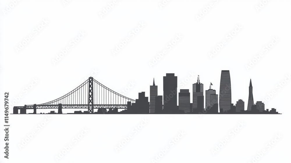 Naklejka premium Silhouette of a modern city skyline with a prominent bridge, showcasing urban architecture in black against a white background.