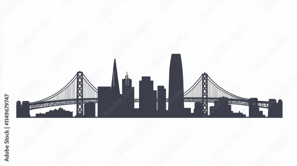 Obraz premium Silhouette of a city skyline featuring iconic bridges and skyscrapers against a minimalist background.