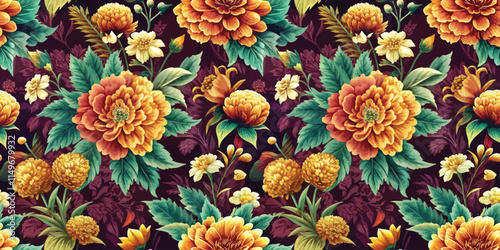 Vibrant floral pattern featuring marigolds and lush greenery.