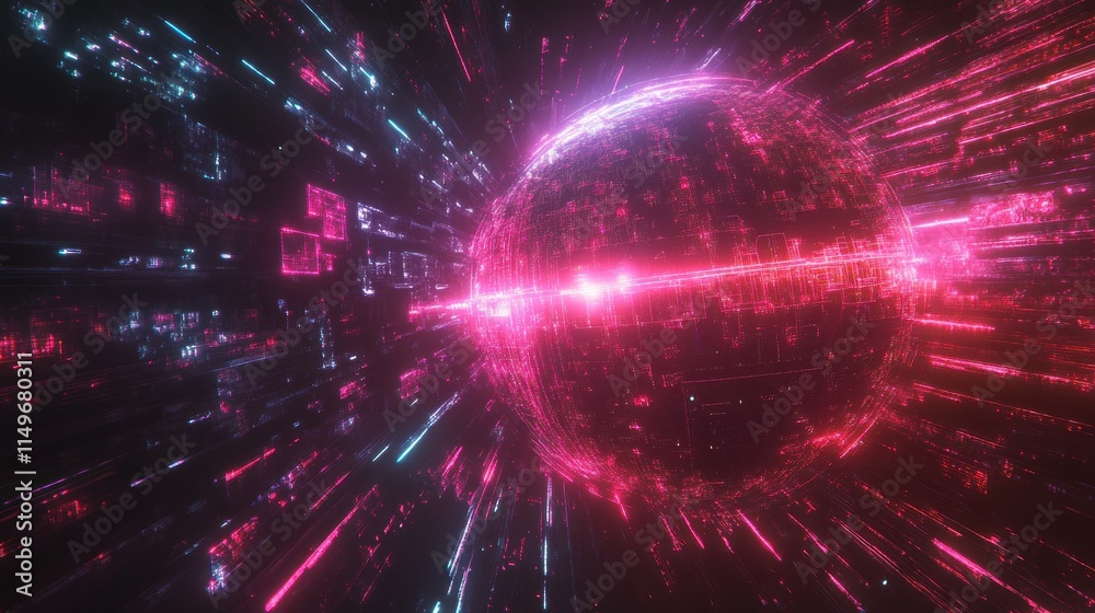 Naklejka premium High-speed data streams traveling across a glowing holographic globe 