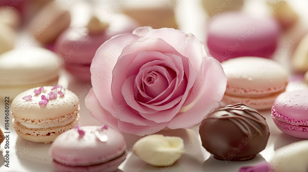 Delicate rose and macarons dessert arrangement elegant table setting food photography bright natural light aesthetic treats Delicate rose and macarons dessert arrangement elegant table setting food photography bright natural light aesthetic treats