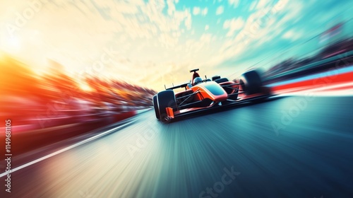 Formula 1 Race Car Accelerating on Track at High Speed with Motion Blur Effect and Dramatic Sunset Lighting in a Motorsport Event