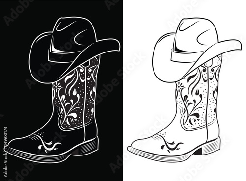 Cowgirl boot and western hat vector illustration. Cowboy boot with floral pattern