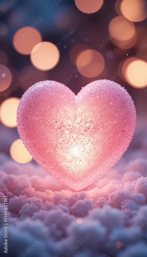 Glittering pink heart glowing softly on fluffy snow with blurred warm bokeh lights in the background.