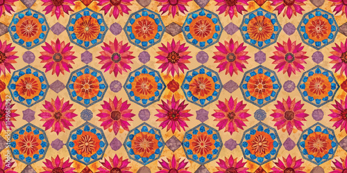 Vibrant floral pattern with pink and orange flowers in a geometric design.
