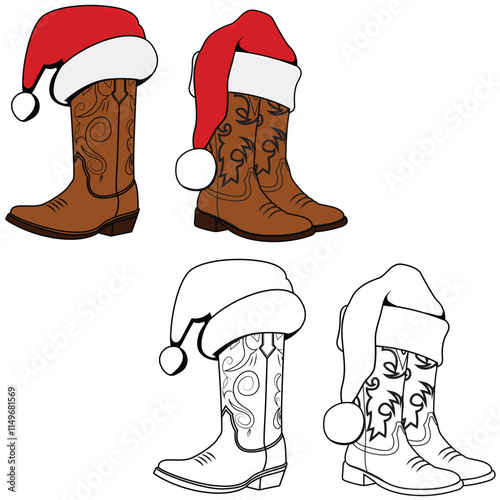 Cowboy boots with santa hat vector illustration.