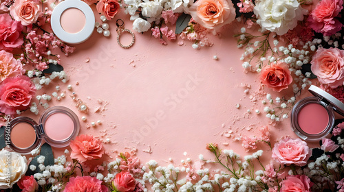 A floral arrangement surrounding makeup products on a soft pink background.