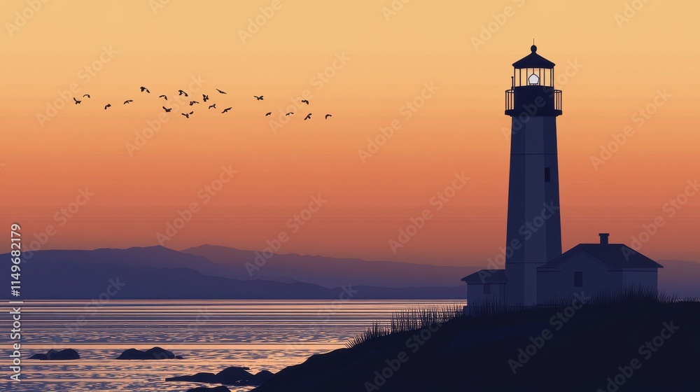 Silhouetted lighthouse at sunset with birds flying, creating a tranquil coastal scene. Silhouetted lighthouse at sunset with birds flying, creating a tranquil coastal scene.