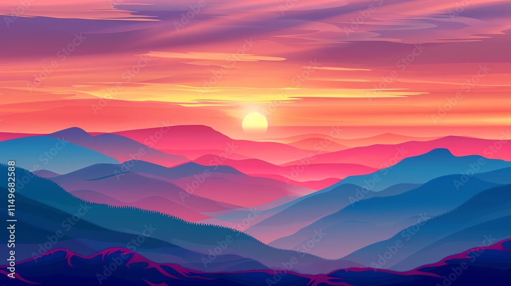 Fototapeta premium A colorful illustration of a sunset over a mountain range.