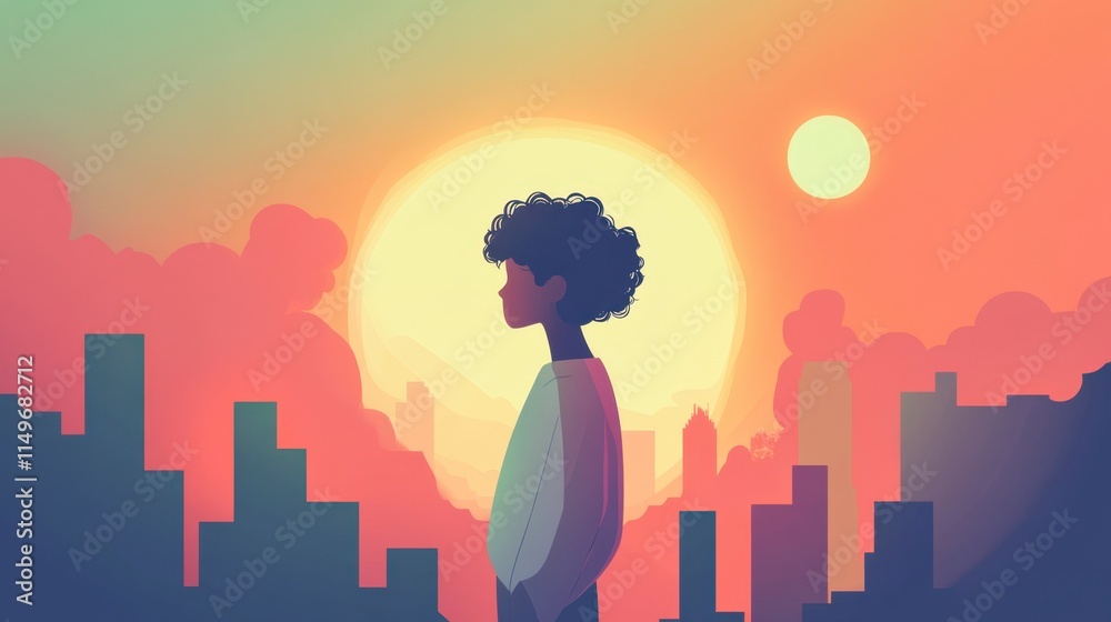 Melancholy Young Black Woman Silhouetted Against Sunset Cityscape Melancholy Young Black Woman Silhouetted Against Sunset Cityscape