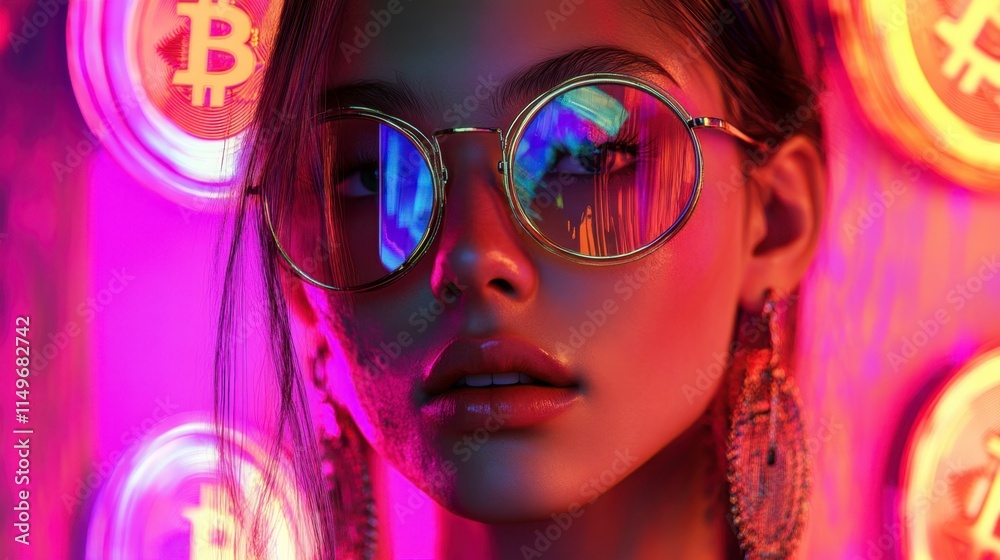 Smiling Woman in Neon Bitcoin Glasses, Cyberpunk Style Portrait Smiling Woman in Neon Bitcoin Glasses, Cyberpunk Style Portrait