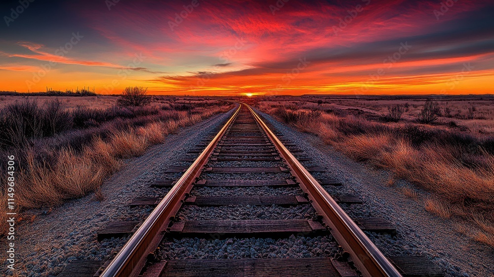 Fototapeta premium A scenic sunset over railroad tracks, showcasing vibrant colors and serene landscapes.