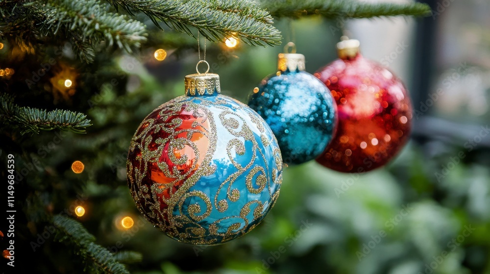 Festive Christmas Ornaments Hanging on Tree Branch Festive Christmas Ornaments Hanging on Tree Branch