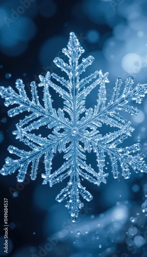 Close-up of an intricately detailed snowflake on a blue blur background. photo