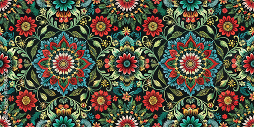Colorful floral pattern featuring vibrant blooms and intricate designs.