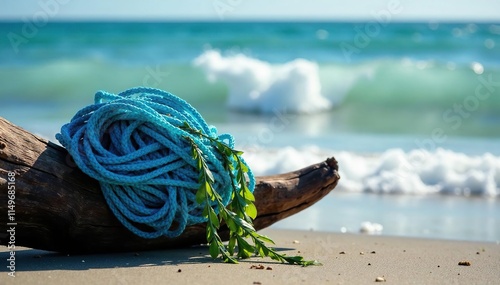 A blue fishing net caught on a piece of driftwood with seaweed hanging from it, marine, waves photo