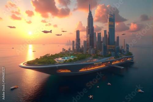 Futuristic Floating City at Sunset with Glowing Skyscrapers and Flying Vehicles