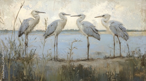 Four elegant herons stand in a row by a calm lake, painted in soft, muted tones.