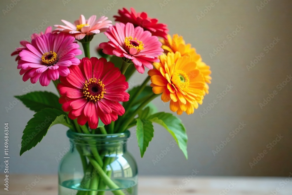 A bouquet of colorful zinnia flowers in a vase, fresh, zinnias, country A bouquet of colorful zinnia flowers in a vase, fresh, zinnias, country