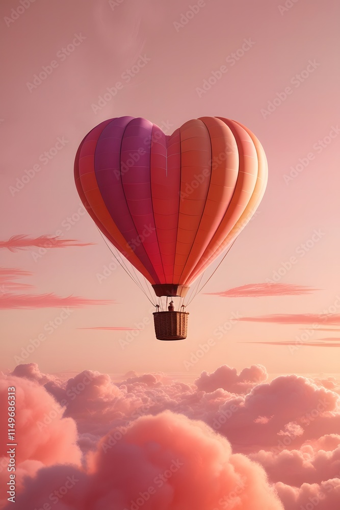 Fototapeta premium A whimsical hot air balloon shaped like a heart floating over a pink and orange sunset, dreamy and romantic