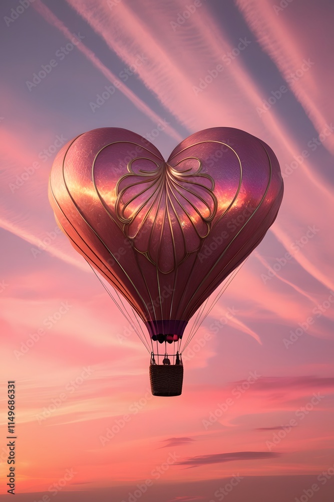 Fototapeta premium A whimsical hot air balloon shaped like a heart floating over a pink and orange sunset, dreamy and romantic
