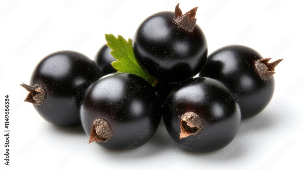 Close-up of five ripe blackcurrants with a leaf. Close-up of five ripe blackcurrants with a leaf.