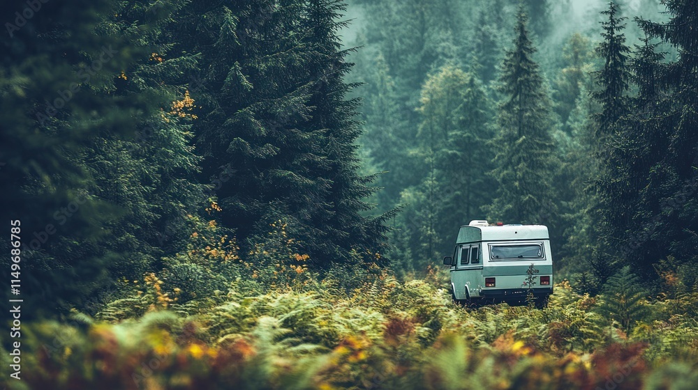 Campervan on foggy forest road. Campervan on foggy forest road.