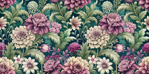 Elegant floral pattern with richly detailed blossoms in soft pastel colors.