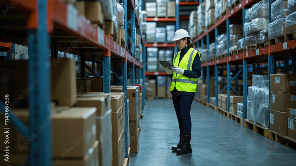female chief manager working in a warehouse using digital tablet female chief manager working in a warehouse using digital tablet