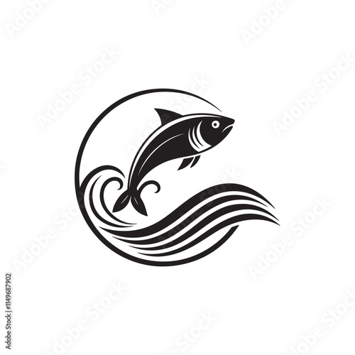 fish and wave silhouette vector line art logo