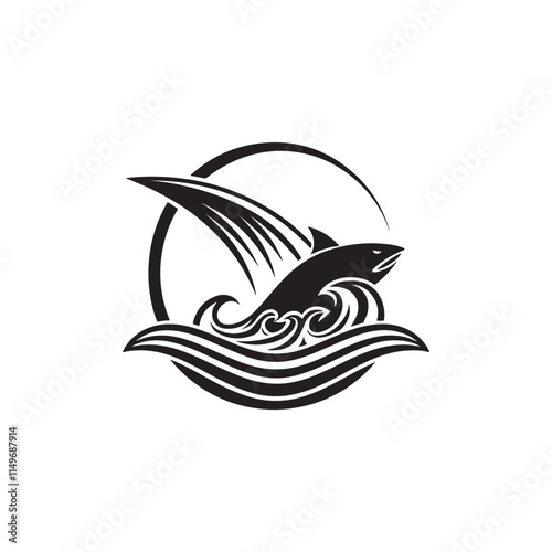fish and wave silhouette vector line art logo