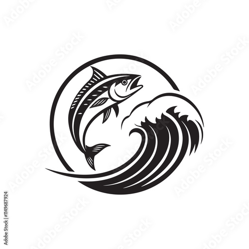 fish and wave silhouette vector line art logo