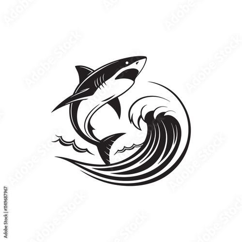 shark and wave silhouette vector line art logo