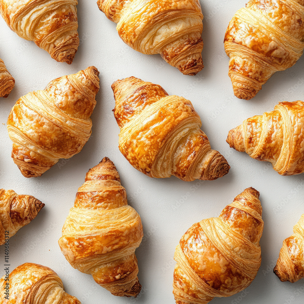 A row of croissants are displayed on a white background. The croissants are golden brown and appear to be freshly baked. Concept of warmth and comfort A row of croissants are displayed on a white background. The croissants are golden brown and appear to be freshly baked. Concept of warmth and comfort