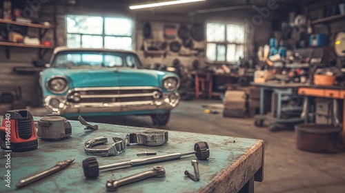 Classic car restoration in a cluttered workshop. Tools and car parts on workbench. photo