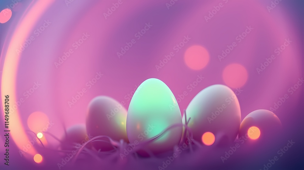 Fototapeta premium Pastel Easter Egg Glow: Five easter eggs glowing in soft pastel light, with a dreamy pink and purple background. The eggs are nestled in a bed of soft grass.