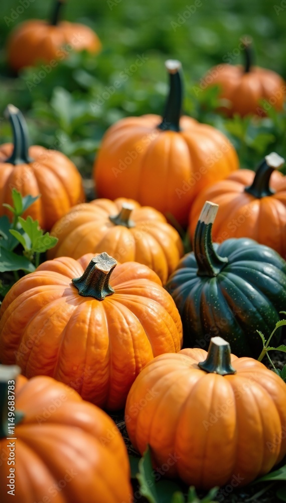 A collection of vibrant pumpkins in a lush green environment, colorful gourds, fall decorations A collection of vibrant pumpkins in a lush green environment, colorful gourds, fall decorations