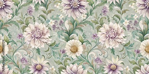 Elegant floral wallpaper featuring soft purple and cream flowers on a green background.