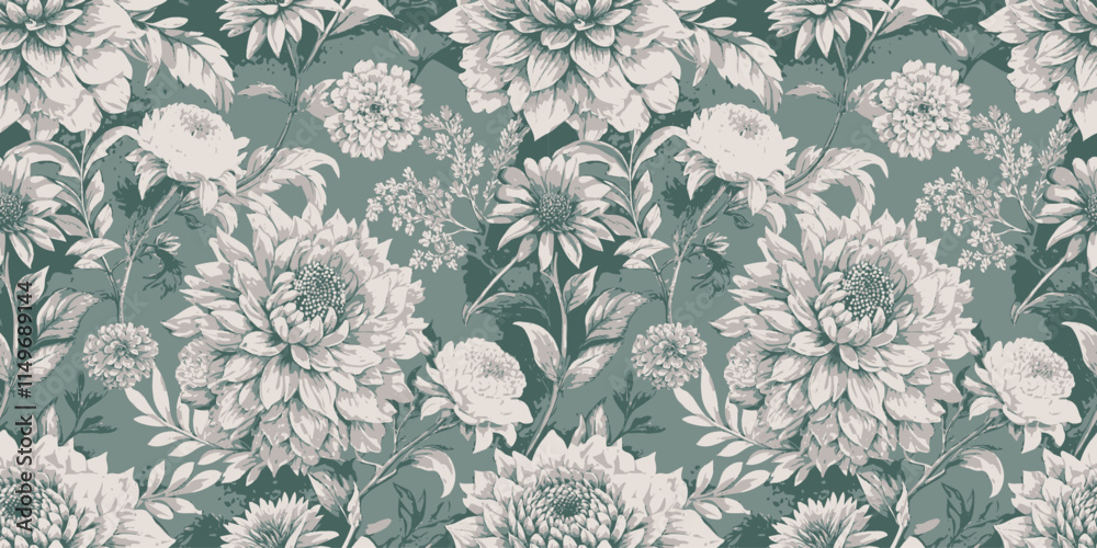 Elegant floral pattern in soft green and cream tones. Elegant floral pattern in soft green and cream tones.