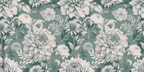 Elegant floral pattern in soft green and cream tones.