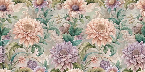 A vibrant floral pattern featuring soft pastels and intricate detailing.