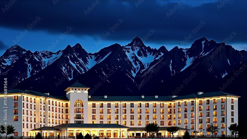 a grand, multi-story hotel building with a classic architectural style, featuring numerous arched windows illuminated warmly from within