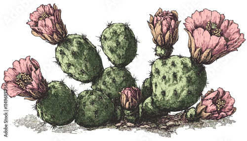 Detailed cactus engraving style with earthy green tones and pink flowers, vintage botanical art, desert decor, succulent plants, nature-inspired home accents