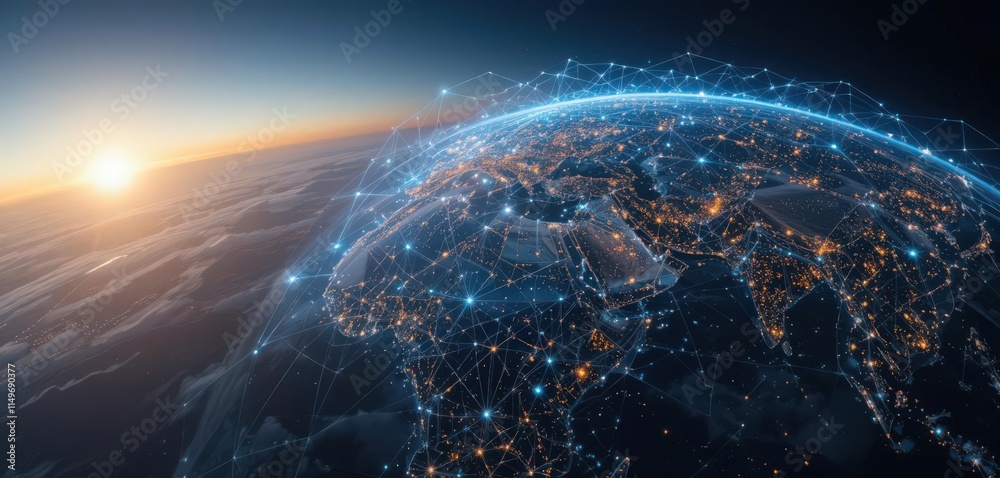 Obraz premium Global network connections across Earth with luminous nodes and lines during sunrise.