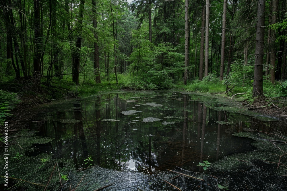 Dark swamp water reflecting surrounding trees in a lush, primeval forest creates a tranquil, natural scene Dark swamp water reflecting surrounding trees in a lush, primeval forest creates a tranquil, natural scene