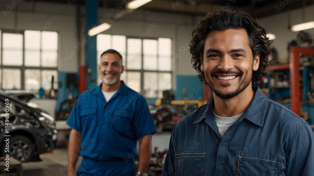 Smiling Latino Mechanics Standing in Urban Car Workshop with Spare Parts Smiling Latino Mechanics Standing in Urban Car Workshop with Spare Parts